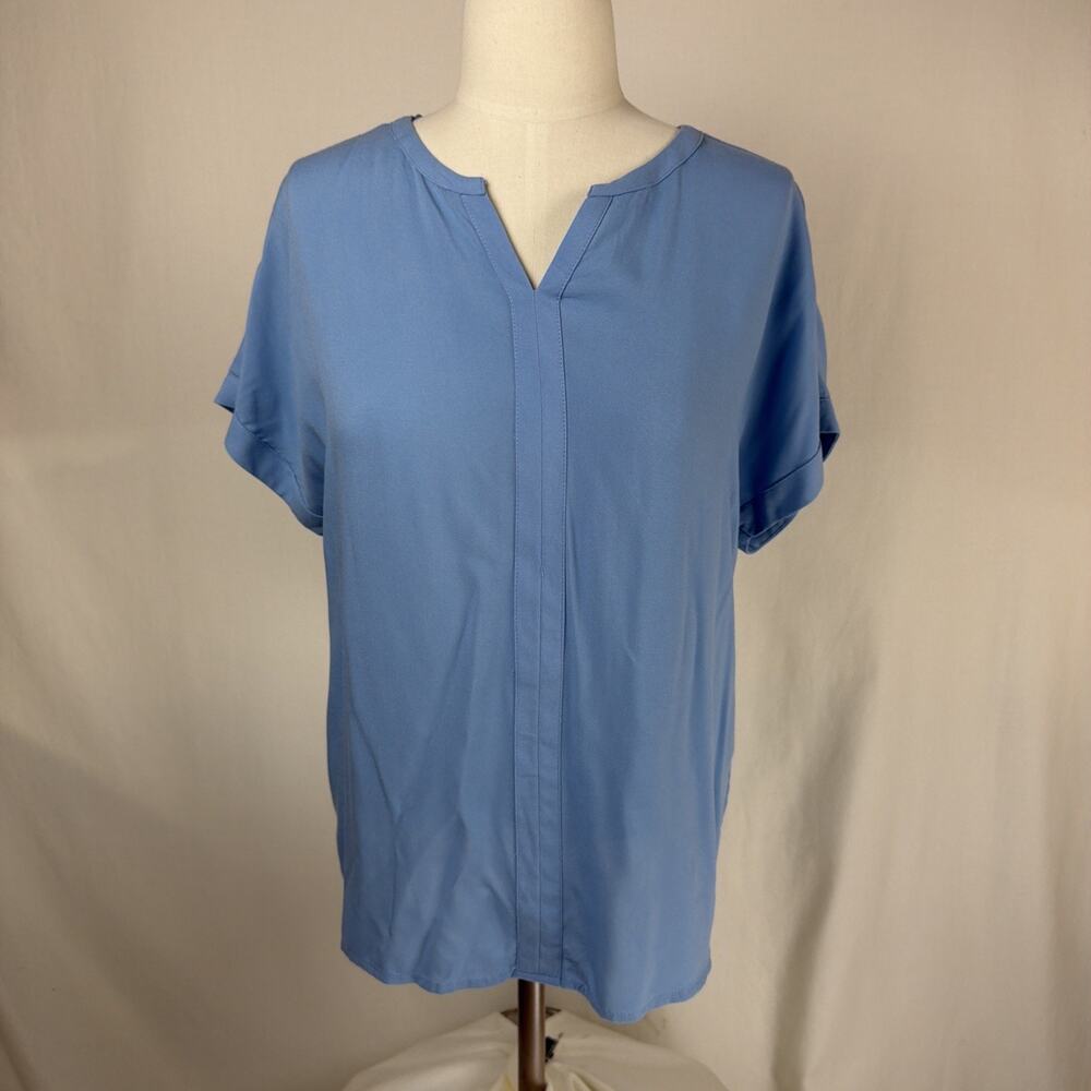 NWT Soya "Radia" Blue Notched Collar Short Sleeve Viscose Top LG #0508
